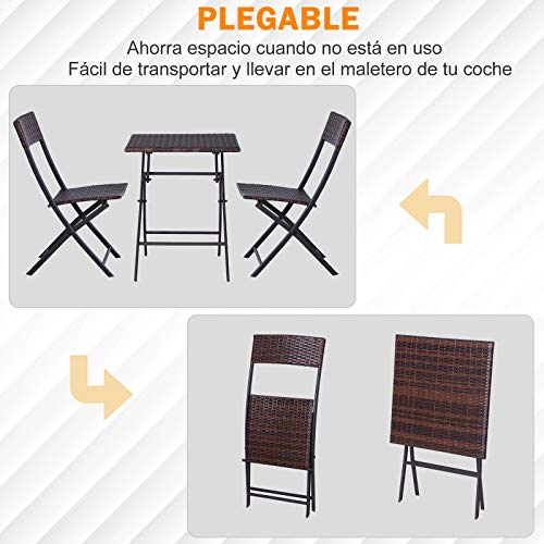 Conjunto de 3 Piezas de Ratán Juego de 2 Sillas y Mesa para Patio Balcón Jardín Plegable Diseño Trenzado Elegante Mesa de 60x60x72 cm Color Marrón. Detalle plegable. Outsunny