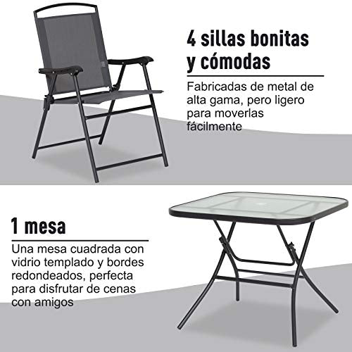 Mesa y silla del Comedor para Jardín o interior con 4 Sillas y 1 Mesa Plegables. Muebles de Exterior para Terraza y mesa con Orificio para Sombrillas. Outdoor. Outsunny