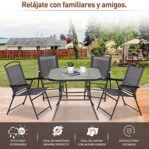 Terraza con la Mesa y silla del Comedor para Jardín o interior con 4 Sillas y 1 Mesa Plegables. Muebles de Exterior para Terraza y mesa con Orificio para Sombrillas. Outdoor. Outsunny