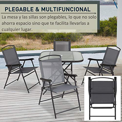 Vista en terraza y detalle de silla plegable del Comedor para Jardín o interior con 4 Sillas y 1 Mesa Plegables. Muebles de Exterior para Terraza y mesa con Orificio para Sombrillas. Outdoor. Outsunny