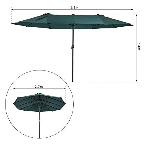 Medidas del Parasol Doble Grande 4,6x2,7m para Jardín Patio con Manivela Manual Resistente al Agua y Protección Solar UV para Terraza Playa Piscina Verde. Outsunny