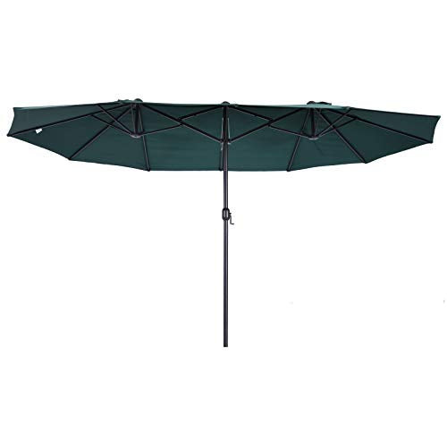 Vista frontal del Parasol Doble Grande 4,6x2,7m para Jardín Patio con Manivela Manual Resistente al Agua y Protección Solar UV para Terraza Playa Piscina Verde. Outsunny