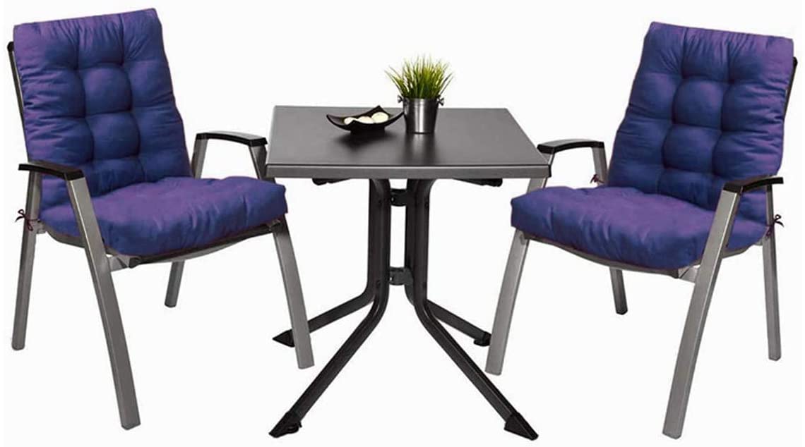 Vista en juego de sillas del Pack 2 Cojines Cómodos con Respaldo para mecedoras, bancos terraza o silla en Interior y Exterior color azul. LEMON TREE