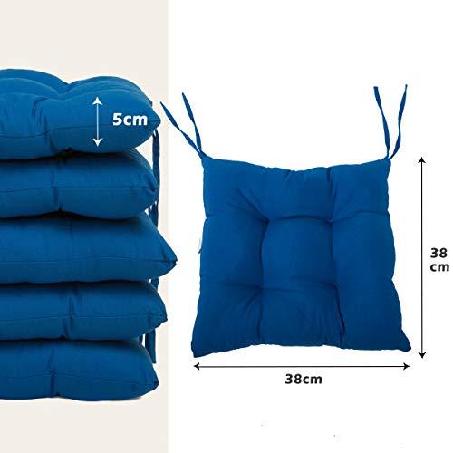 Medidas del cojín del Pack 6 Cojines Asiento 38x38cm, Funda Polyester, Relleno Fibra, Cómodos, Resistentes, Fácil de Limpiar Azul. BCASE