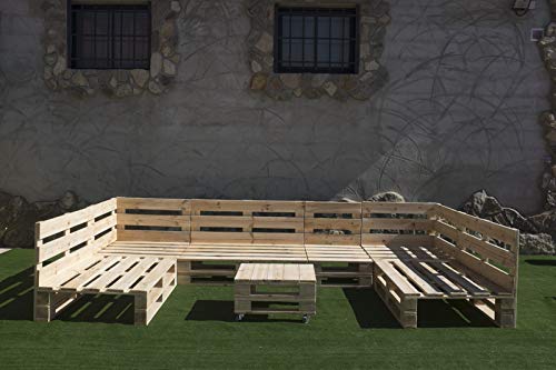 Conjunto 2X Sofá Palets 12Ox80 cm 1x Mesa 80x50 cm. Hecho en España. Lijado Y Cepillado -Interior/Exterior Nuevo-Natural. Vista genaral en jardín . Palets Talavera SL.