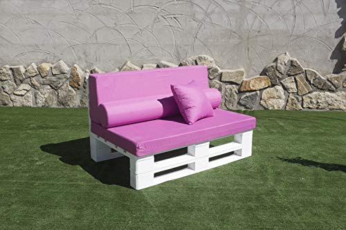 Vista en exterior con cojines del Sofá DE PALETS completamente Nuevo. Lijado y Cepillado - Interior o Exterior. Sillón de PALETS para Patio (120cm X 80cm, Acabado Crudo) Palets Talavera