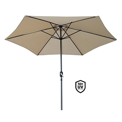 Vista desplegada de la sombrilla Parasol de Aluminio 300cm con Inclinación, Manivela, Sombrilla con Mástil de Aluminio de 38mm para Patio Terraza Playa (Beige). Angel Living