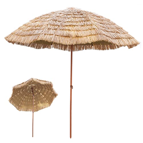 Sombrilla hawaiana con flecos de Paja de Hula de 2,1 m de diámetro, reclinable Redonda Color Natural. ZMLQ. PARASOL