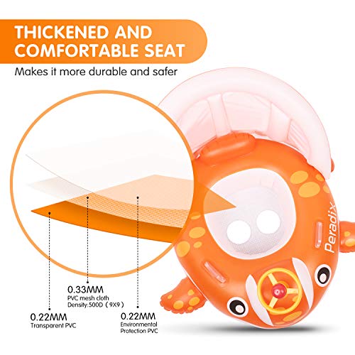 Detalle de capas de material y asiento confortable de Flotador Barco naranja para bebés de 1 a 3 años con parasol Ajustable y Asiento con Respaldo. Peradix