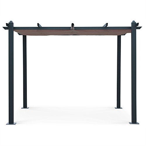 Vista frontal de la Pergola de Aluminio gris y toldo Marrón Pardo, 3x3 m. Alice's Garden