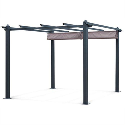 Vista con toldo plegado de la Pergola de Aluminio gris y toldo Marrón Pardo, 3x3 m. Alice's Garden
