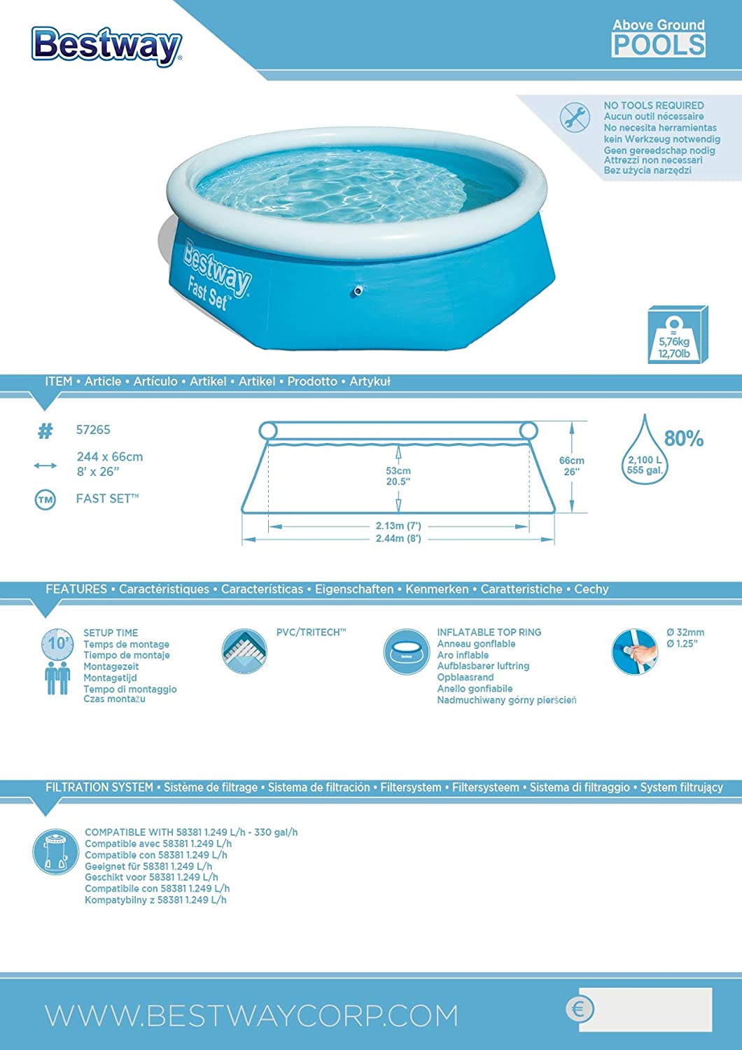 Características de Piscina inflable Desmontable Autoportante con válvula de drenaje, 244x66 cm 【2.300 litros】FastSet Pool. Bestway