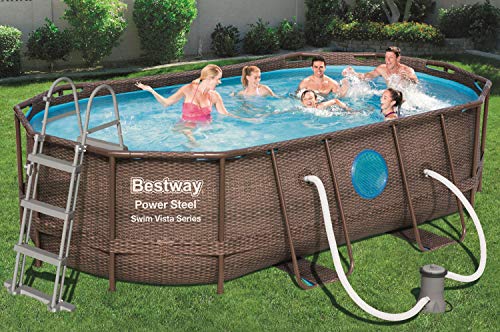 Piscina elevada Desmontable tipo Tubular Power Steel 427x250x100 cm Depuradora Cartucho 2.006 l/h Escalera y Cobertor Diseño Rattan 【7.250 litros】. 56714. BESTWAY