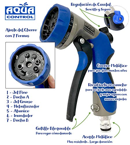 CaracterÃsticas de la Pistola de Riego fabricada en Metal y Caucho. Con Regulación de Caudal y 7 Formas de Riego para adaptarse a todo tipo de plantas y terrenos. AMT42. Aqua Control