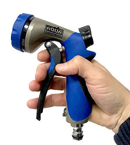 Perfil de la Pistola de Riego fabricada en Metal y Caucho. Con Regulación de Caudal y 7 Formas de Riego para adaptarse a todo tipo de plantas y terrenos. AMT42. Aqua Control