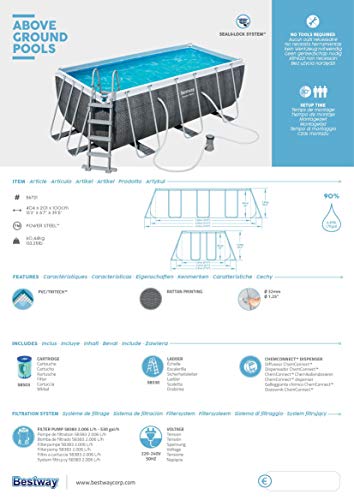 Piscina rectangular, Power Steel Deluxe Frame Pool estructura de acero y aspecto ratán gris, 404 x 201 x 100 cm 【7200 litros】. Características. 56721 Bestway | maxjardin