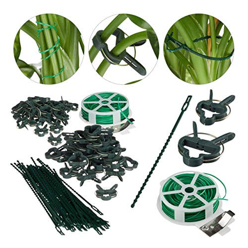 Verde Set de Soportes para Plantas, 110 Piezas, Clips, Alambre con cúter, Tutor para Rosas, Adultos Unisex, 2,00 x 8,00 x 12,30cm. Relaxdays