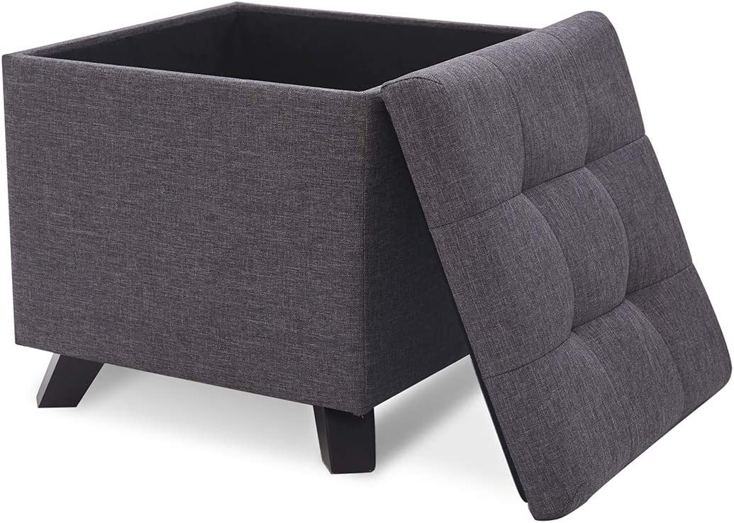 Vista con tapa quitada del Puff Asiento con Baúl de Almacenamiento Elegante con Patas de Madera Maciza tapizado tipo lino Gris. Suhu