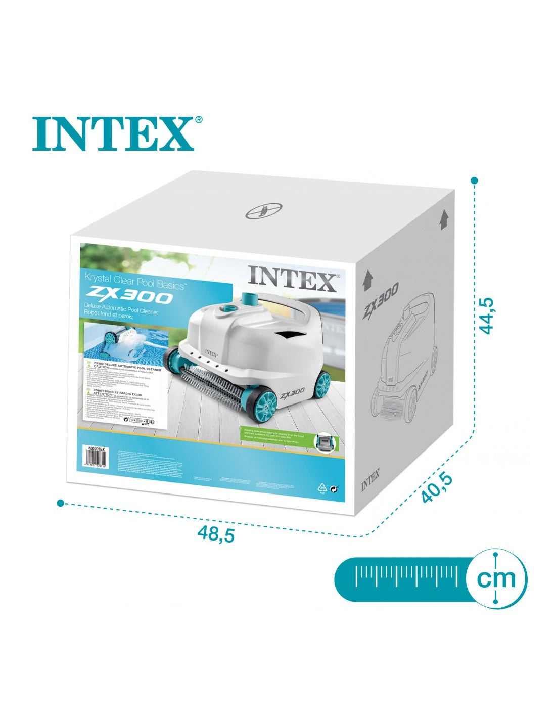 Medidas del packaging del Limpiafondos automático Deluxe solo para piscinas Intex. Muy económico. Zx300. Intex