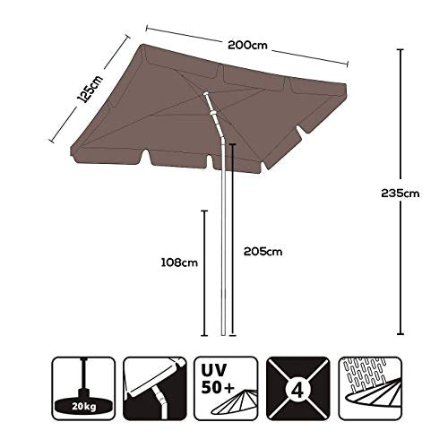 Medidas y características de la Sombrilla 200 x 125 cm rectangular. Parasol para Terraza o Balcón con Protección Solar UV50+ Color Taupe. Sekey®