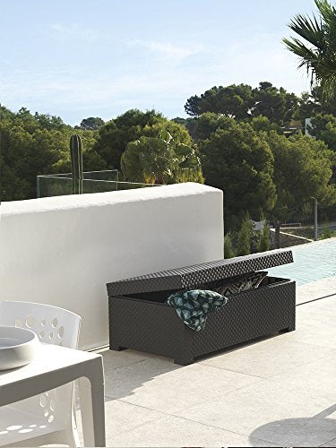 Baúl Arcón de Jardín Diva, Fabricado en España con Materiales reciclados de Color Antracita. Gris Antracita, 117x63x43 cm. Vista en terraza. SHAF