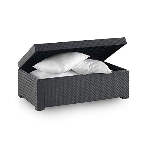 Baúl Arcón de Jardín Diva, Fabricado en España con Materiales reciclados de Color Antracita. Gris Antracita, 117x63x43 cm. Vista con tapa abierta y cojines en interior. SHAF