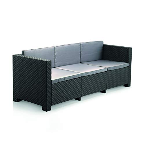 Vista de sofá de 3 plazas del conjunto de Muebles de Jardín Manhattan de Rattan Color Grafito | Fabricado en España con Materiales Reciclados. Shaf
