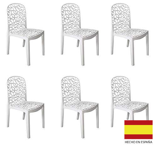 6 Sillas apilables interior exterior Flora. 87x50x47 cm, blanco, hecho en España. Shaf