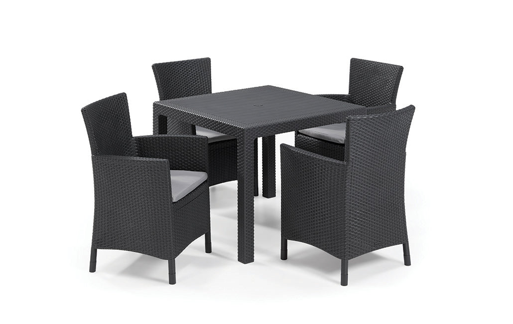 Conjunto para 4 personas Keter Iowa en Rattán de exterior e interior con cojín incluido color grafito . Keter