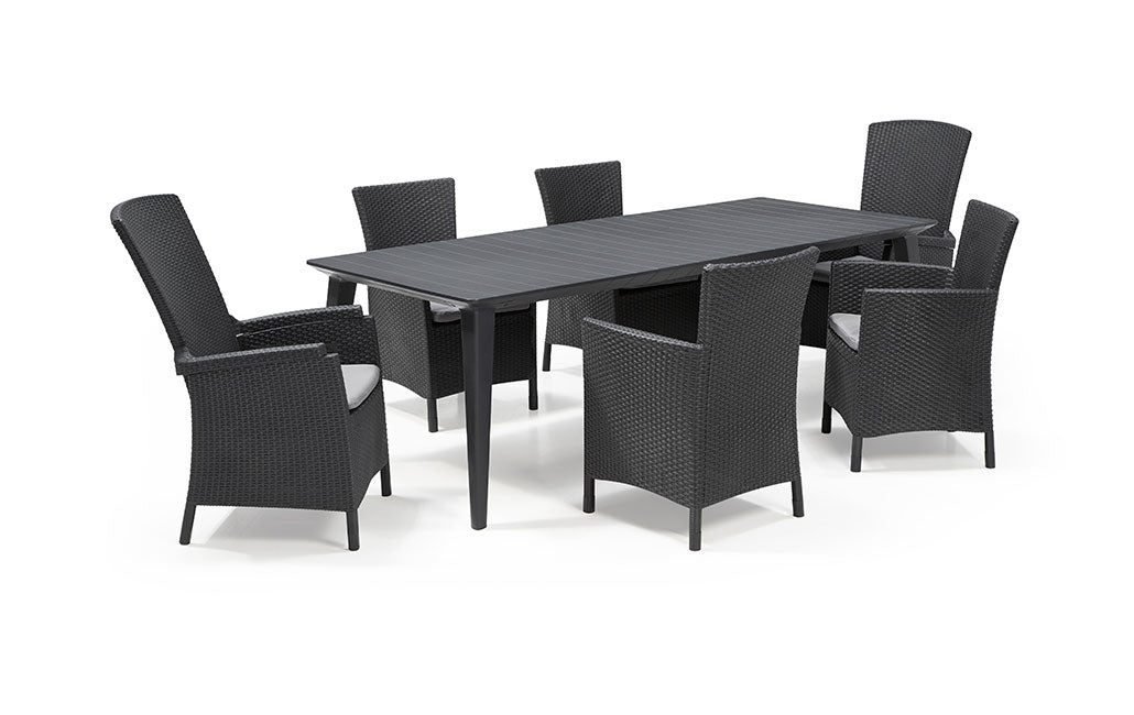 Conjunto de mesa larga y 6 Sillones de terraza y jardín Iowa de Keter fabricado en tejido tipo ratán de color grafito.