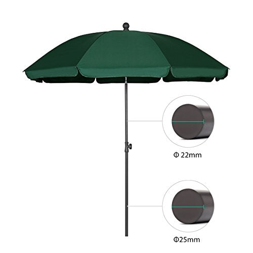 Aspecto desplegado y detalle de diámetros de las secciones del mástil de la Sombrilla de playa Ø 200 cm para terraza y jardín, color verde, Protector Solar UV25+. Sekey®