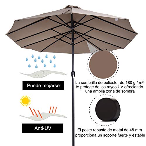 Características del Parasol ancho Doble Grande 4,6x2,7m Sombrilla con Manivela Manual Resistente al Agua y Protección Solar UV para Terraza Playa Piscina Café. Outsunny