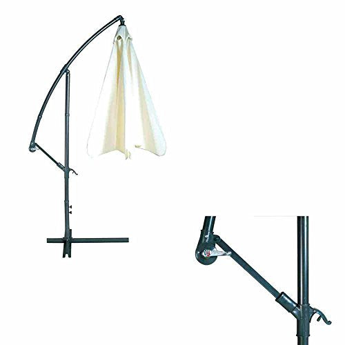 Aspecto de sombrilla plegada y detalle del mecanismos de la manivela de la Sombrilla excéntrica de Jardín Ø 3 Metros con Pie Lateral. 8091059. PAPILLON