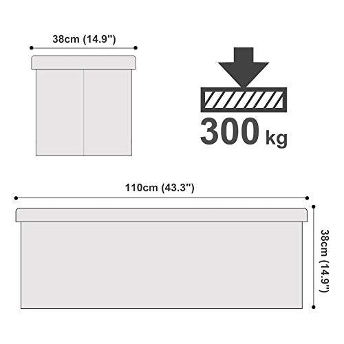 Baúl Puff Taburete para almacenaje Plegable Carga Máxima de 300 kg Blanco 110 x 38 x 38 cm. Packaging. Medidas. LSF75WT. SONGMICS