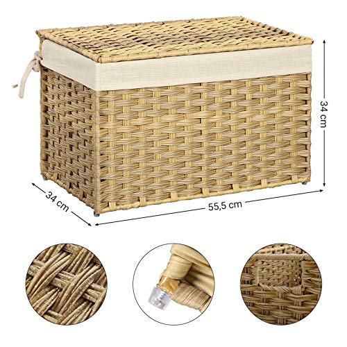 SONGMICS Caja de Almacenamiento de Estilo Ratán, Cesta de Almacenamiento de 65L, con Asas de Revestimiento de Tapa, Baúl de Almacenamiento, Rectangular, Natural Meidas y detalles. RST56NL