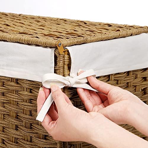 Cesto de la Ropa, 110L Tejido a Mano con Compartimentos Separados, Ratán Sintético, con Tapa y Asas, Plegable, Bolsa de Forro Extraíble, Color Natural. Detalle atado de forro. LCB52NL SONGMICS