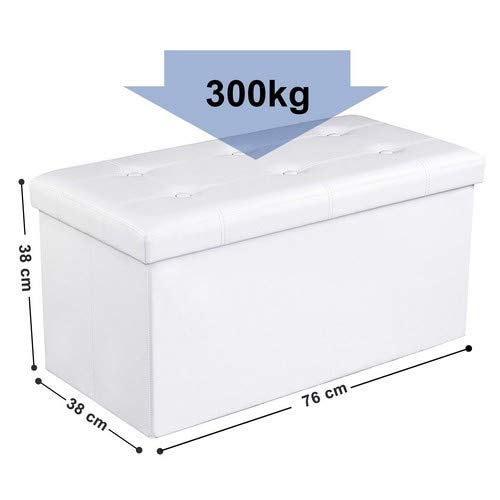 Medidas y peso soportado de la Banqueta plegable Puff con Baúl para Almacenaje Carga máxima de 300 kg Blanco, 76 x 38 x 38 cm. LSF106. Songmics
