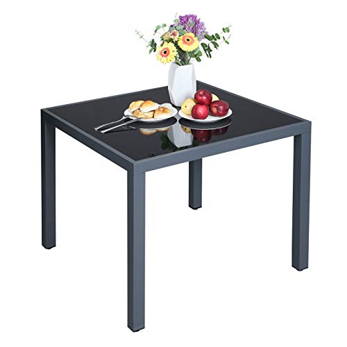 Ambiente con flores y desayuno en la Mesa Cuadrada de Jardín o Patio para Picnic al Aire Libre, con Tapa de Cristal Templado y Marco de Aluminio, 85 x 85 x 73 cm, Gris GPT08GY. SONGMICS