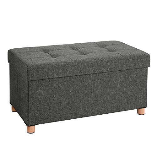 Taburete bajo de Almacenamiento Plegable Rectangular Tapizado con acolchado de Esponja con Patas de Madera Maciza y Tapa Gris Oscuro LSF16GYZ. SONGMICS