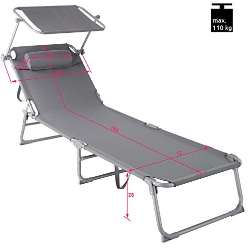 Medidas de la tumbona del Set 2 Tumbonas de Playa con Parasol, Respaldo Ajustable 4 Posiciones, Reposacabezas Extraíble, Exterior Piscina Terraza Jardín (Gris | No. 403414). 800773 TecTake