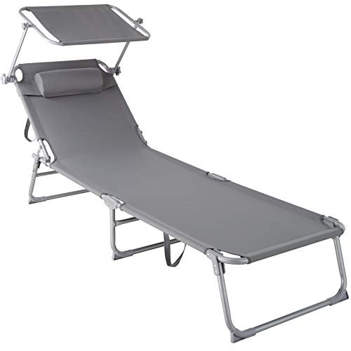 Tumbona de Playa con Parasol, Respaldo Ajustable 4 Posiciones, Reposacabezas Extraíble, Exterior Piscina Terraza Jardín (Gris | No. 403413) 800772 TecTake