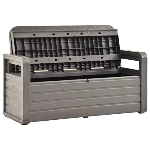 Banco Arcón Exterior Banco de almacenaje de jardín plástico Gris Antracita 132,5 cm. Eden Garden Bench. Tidyard. Detalle tapa abierta