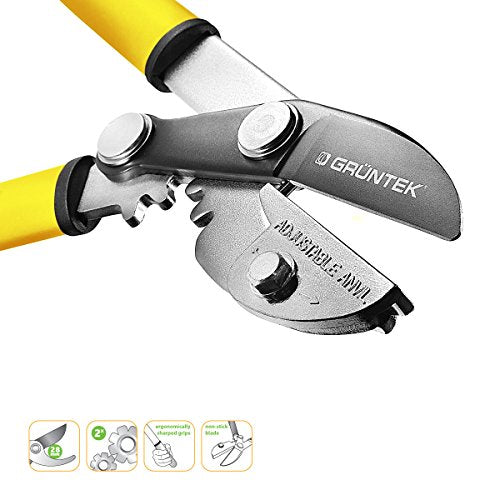 Características y aspecto de zona de corte de las Tijeras de podar a dos manos de 47 cm para jardinería GRIZZLY. Cortarramas con doble engranajes de corte. GRÜNTEK