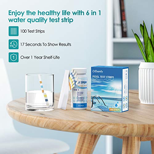 Características de las Tiras de Papel Reactivas de Piscina para Pruebas de pH, Cloro Residual, alcalinidad, dureza, ácido cianúrico, 6 en 1 Papel de Prueba de Agua, para SPA, piscinas, hidromasaje (100 Piezas). Ehomfy