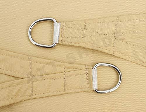 Detalle de las argollas y costuras de la Vela de Sombra Cuadrada 2x2 m, Toldo con protección 95% UV, Impermeable, Color Arena. AXT SHADE | maxjardin