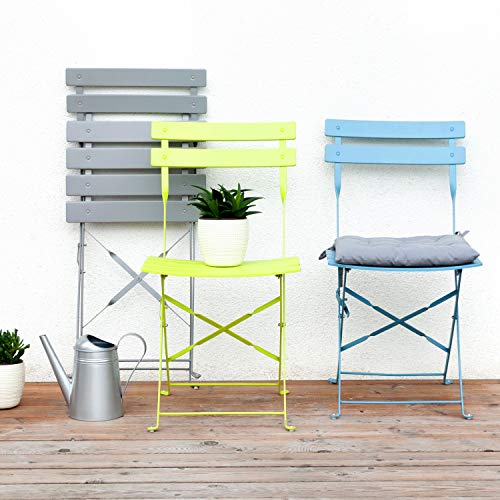 Vista en exterior de sillas delJuego de Muebles de jardín de 3 Piezas, 2 sillas y 1 mesa redonda de café, Metal, Azul, 49 x 41 x 79 cm. VG-3278 . Vanage