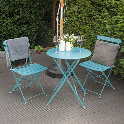 Vista en jardín de Juego de Muebles de jardín de 3 Piezas, 2 sillas y 1 mesa redonda de café, Metal, Azul, 49 x 41 x 79 cm. VG-3278 . Vanage