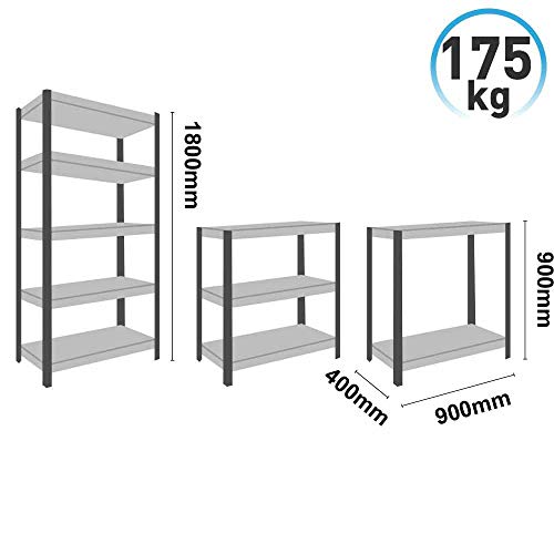 Medidas y máximo peso de 175 kg por balda de Estanterías Modulares (2 uds) y 1 Estantería Esquinera Galvanizadas 5 Baldas Ajustables GH91. Garden House Garage 91