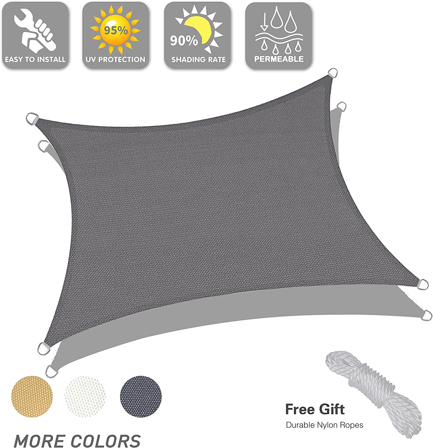 Características, colores y cuerda incluida de la Vela de Sombra 2x3 m. Transpirable, Color Grafito Sunnylaxx.
