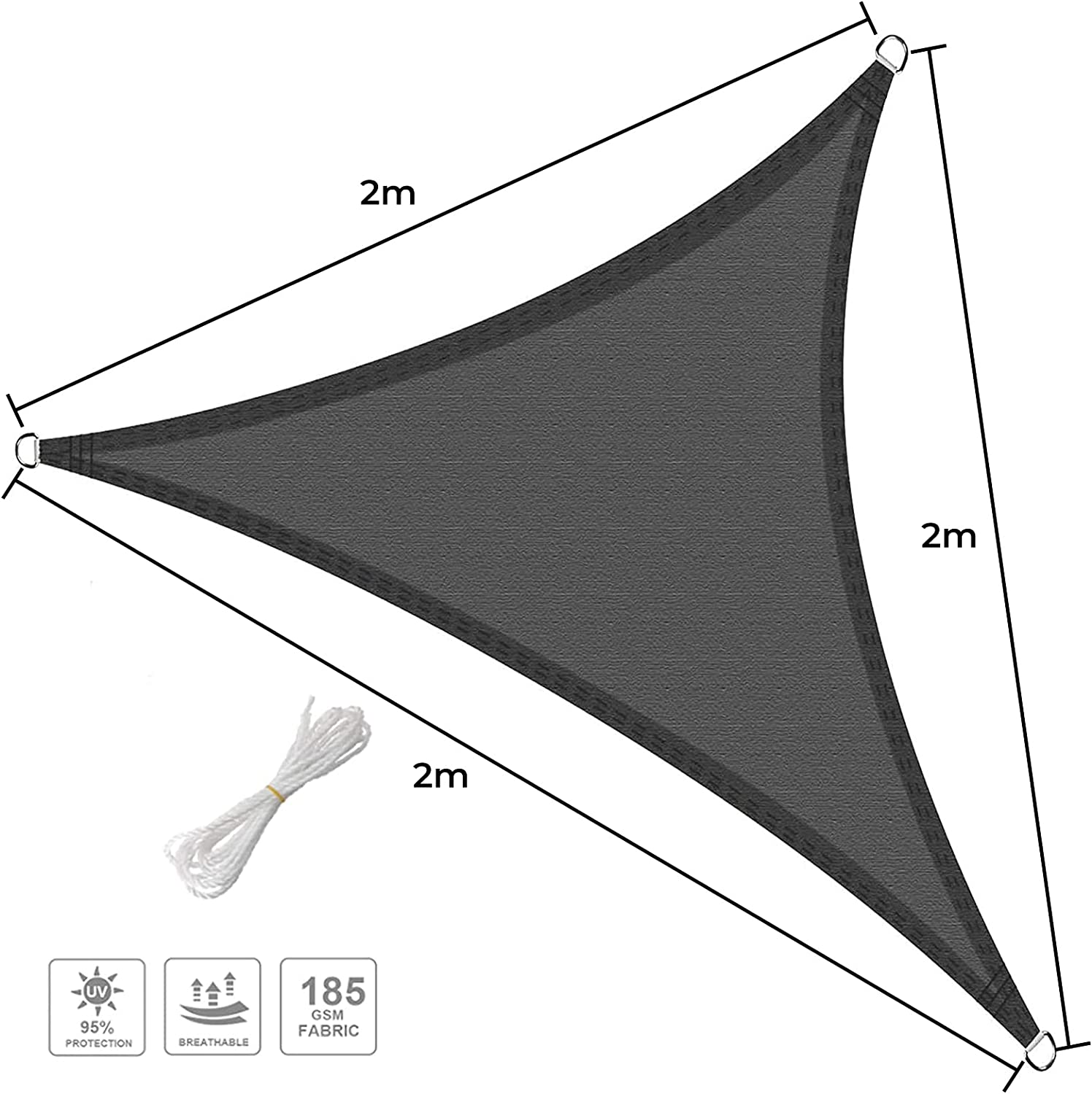 Medidas y características del Toldo Vela de sombra Triangular 2x2x2 m, Transpirable, Resistente y Protección 95% UV, Grafito. Haikus